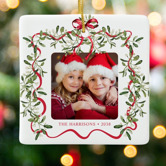 Christmas Red Wavy Frame Bow Greenery Photo Ceramic Ornament (Creator Uploaded)