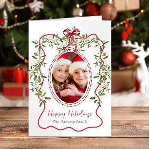 Christmas Red Wavy Frame Bow Greenery Photo Holiday Card