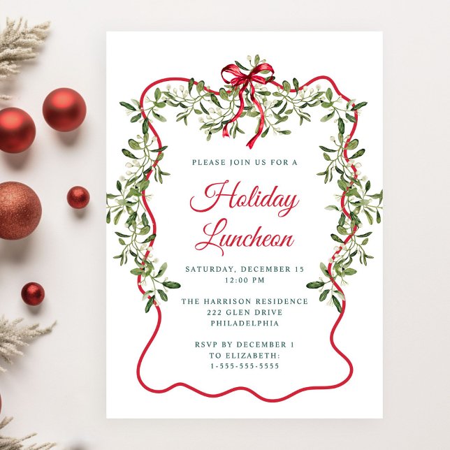 Christmas Red Wavy Frame Greenery Holiday Luncheon Invitation (Creator Uploaded)