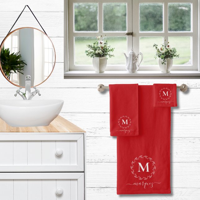 Christmas Red | White Botanical Wreath Monogram Bath Towel Set (Creator Uploaded)