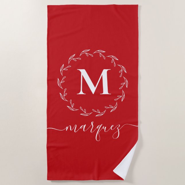 Christmas Red | White Botanical Wreath Monogram Beach Towel (Front)