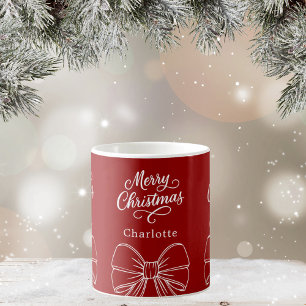 Christmas red white bow script  coffee mug
