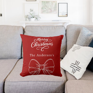 Christmas red white bow script  cushion