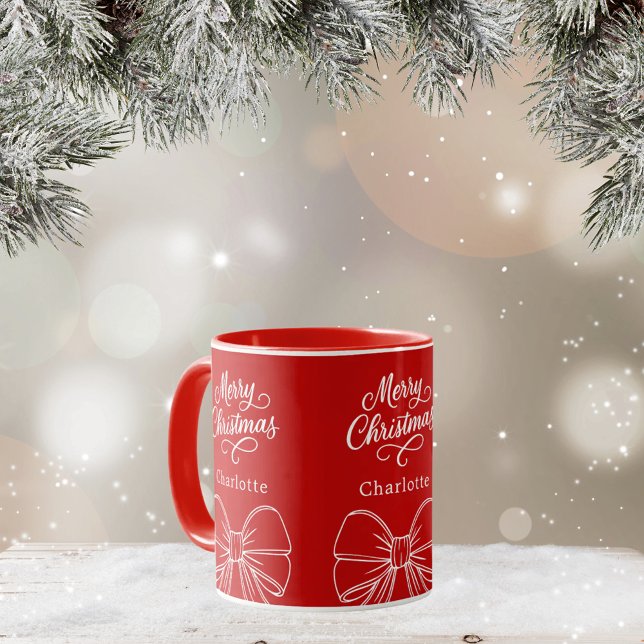Christmas red white bow script  mug (Creator Uploaded)