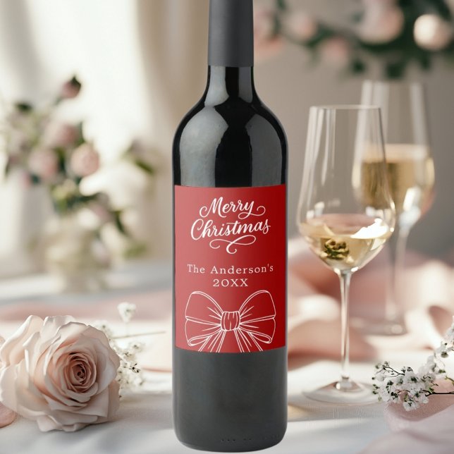 Christmas red white bow script  wine label (Creator Uploaded)