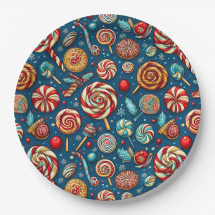 Christmas Red White Candy Lollipop Blue Paper Plate