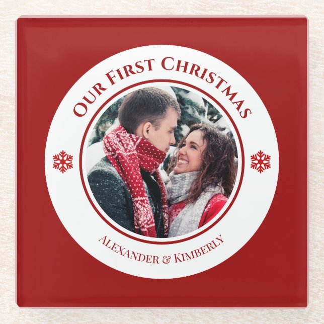 Christmas Red White Circle with Top Bottom Texts Glass Coaster (Front)