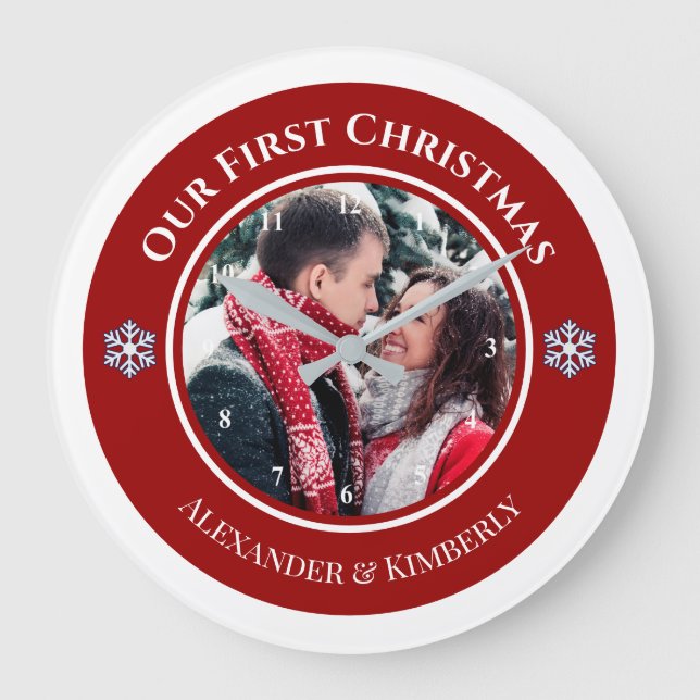 Christmas Red White Circle with Top Bottom Texts Large Clock (Front)