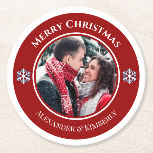 Christmas Red White Circle with Top Bottom Texts Round Paper Coaster