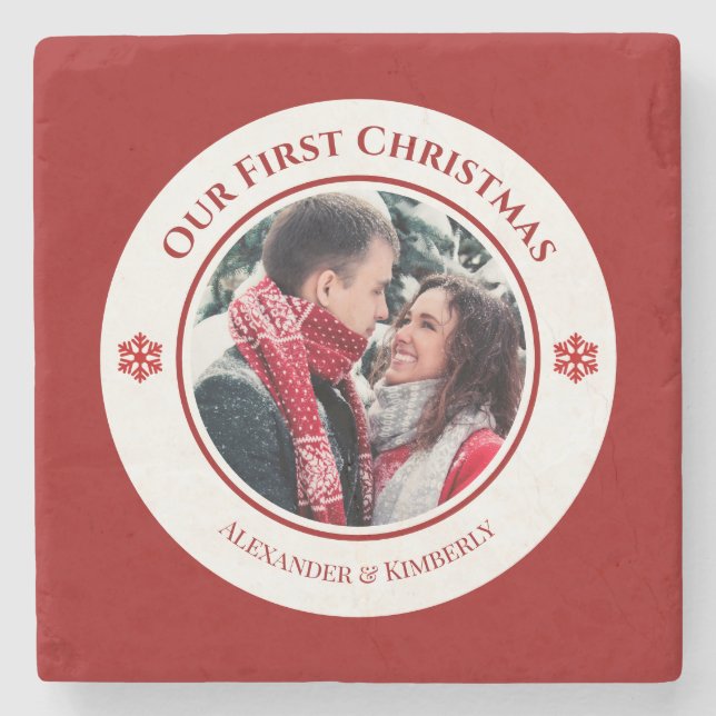 Christmas Red White Circle with Top Bottom Texts Stone Coaster (Front)