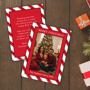 Christmas Red White Diagonal Stripe Custom 1 Photo Holiday Card