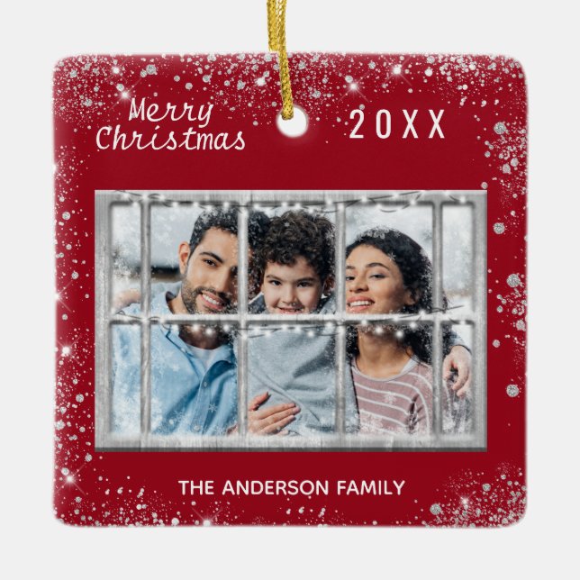 Christmas red white family photo winter window ceramic ornament (Front)