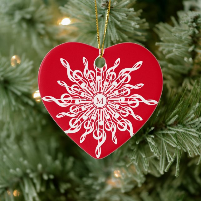 Christmas Red White G-Clef Snowflake Monogram Ceramic Ornament (Tree)