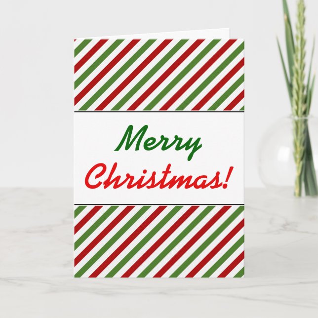 Christmas; Red, White & Green Striped Pattern Holiday Card (Front)