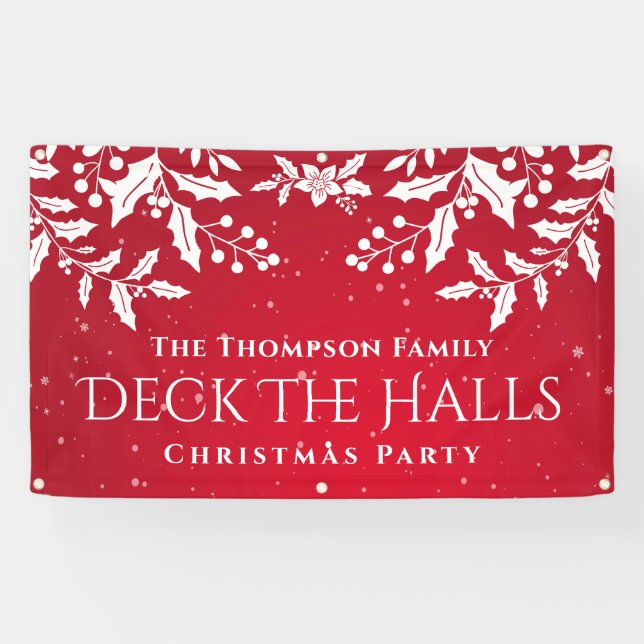 Christmas Red & White Holly, Deck-The-Halls, Party Banner (Horizontal)