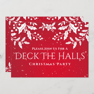 Christmas Red, White Holly, Deck-The-Halls Party Invitation