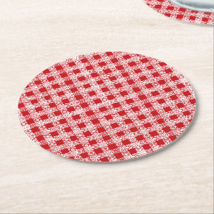 Christmas red white lace plaid vintage farmhouse round paper coaster