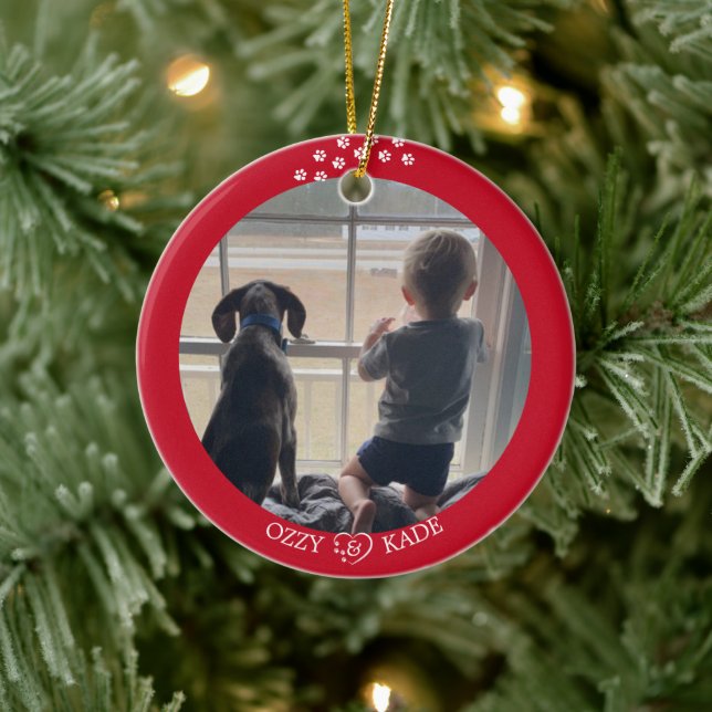 Christmas Red White Personalised Child Pet Photo Ceramic Ornament (Tree)