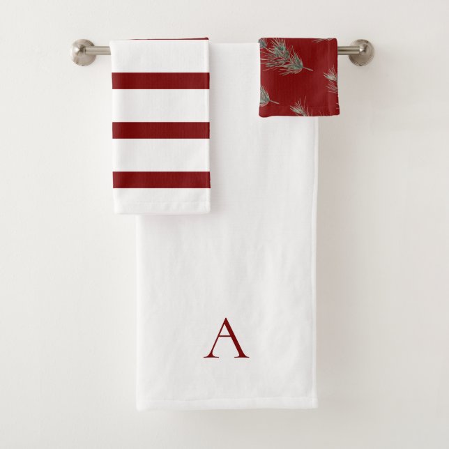 Christmas Red & White Personalized Monogram Pine Bath Towel Set (Insitu)
