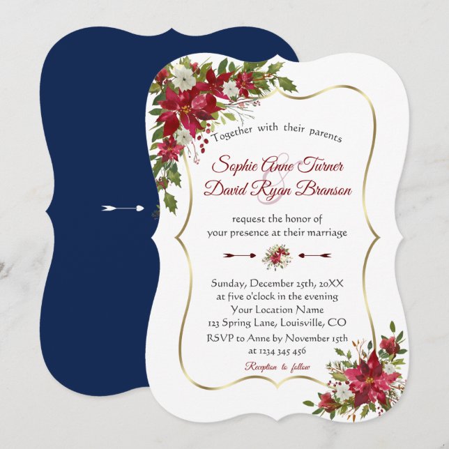 Christmas Red White Poinsettia Gold Navy Wedding Invitation (Front/Back)