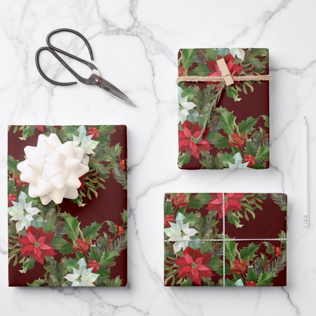Christmas Red & White Poinsettia, Holly Berry  Wrapping Paper Sheet (Front)