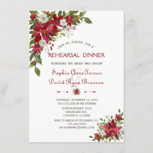Christmas Red White Poinsettia Rehearsal Dinner Invitation