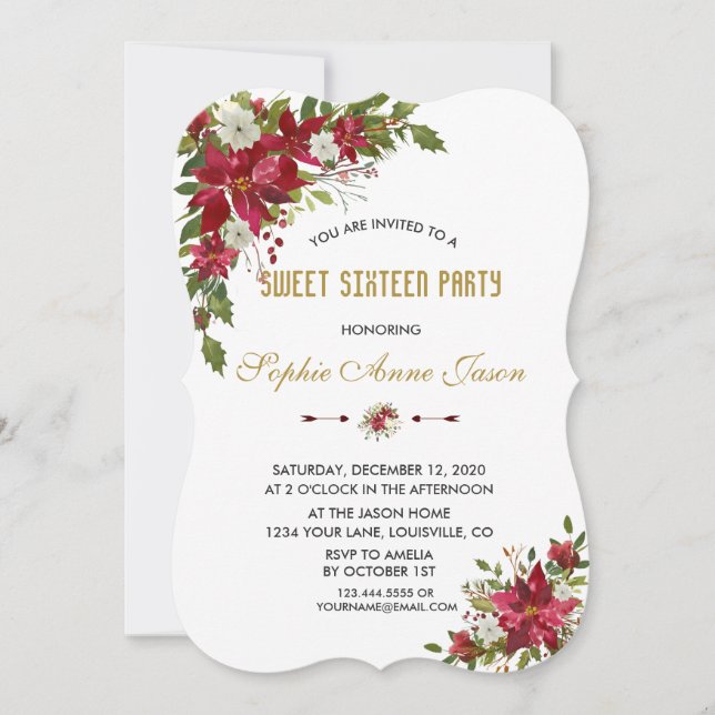 Christmas Red White Poinsettia Sweet Sixteen Party Invitation (Front)