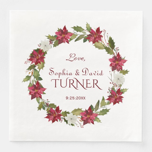 Christmas Red White Poinsettia Wreath Wedding Napkin (Front)