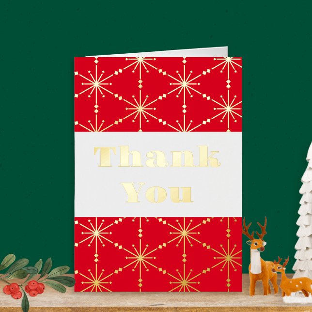 Christmas Red White Snowflake Patterned Modern Thank You Card (A Christmas thank you card with snowflake pattern, with gold or silver foil detail)