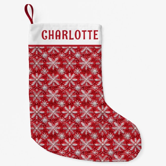 Christmas Red White Snowflake Personalised Name Small Christmas Stocking (Front)