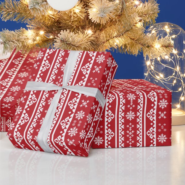 Christmas red white snowflake tiled pattern  wrapping paper (Holidays)