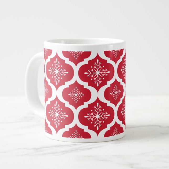 Christmas Red White Snowflakes Lattice Pattern Large Coffee Mug (Front Left)