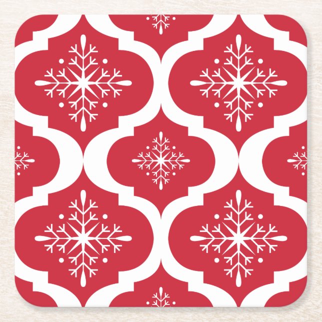 Christmas Red White Snowflakes Lattice Pattern Square Paper Coaster (Front)