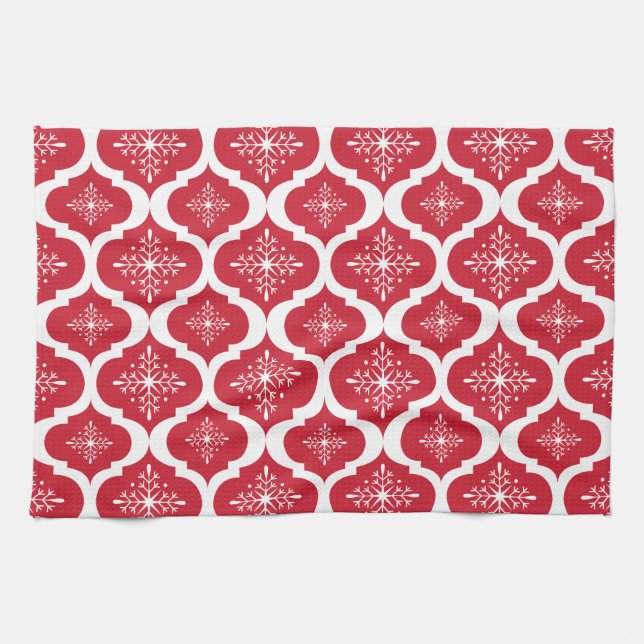 Christmas Red White Snowflakes Lattice Pattern Tea Towel (Horizontal)