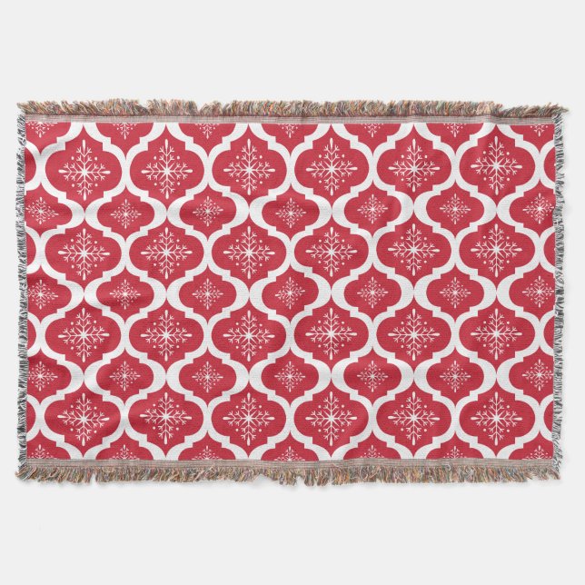 Christmas Red White Snowflakes Lattice Pattern Throw Blanket (Front)