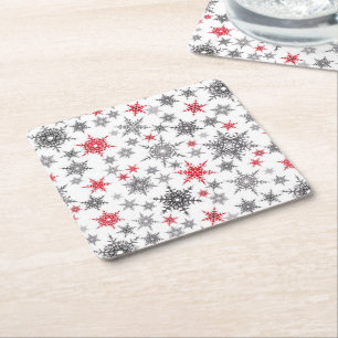 Christmas, red, white, snowflakes, winter, New yea Square Paper Coaster