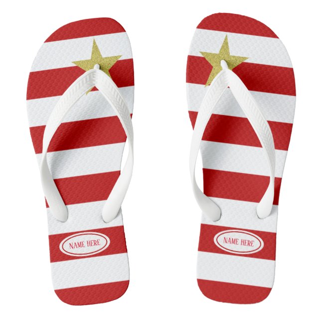 Christmas Red White Stripes Glitter Star Custom Thongs (Footbed)