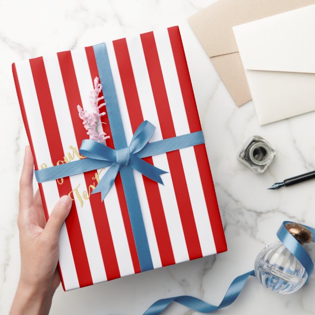 Christmas Red White Stripes Pattern Faux Gold Text Wrapping Paper (Gifting)