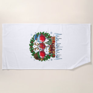 Christmas Red Wine Glasses Holly Wreath Snowman Ha Beach Towel