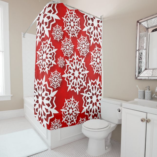 Christmas Red with Big White Snowflakes Shower Curtain (In Situ)