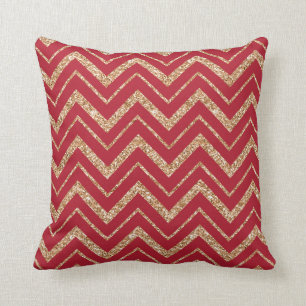 Christmas Red with Faux Gold Glitter Chevron Cushion