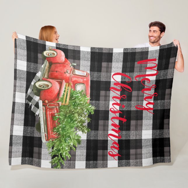 Christmas Red XMAS Truck Plaid Black White Fleece Blanket (In Situ)