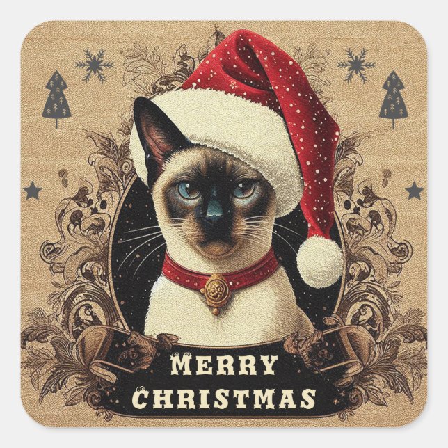 Christmas Regal Siamese Cat Santa Holiday Charm Square Sticker (Front)