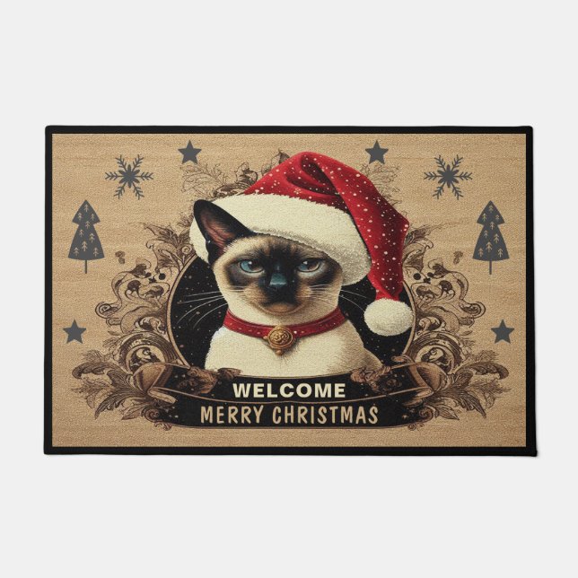 Christmas regal Siamese Cat, Santa Kitten Welcome Doormat (Front)