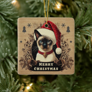 Christmas regal Siamese Cat, Xmas Santa Kitten Ceramic Ornament