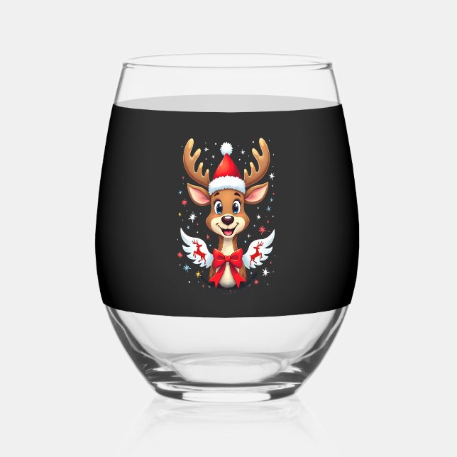 christmas Reindeer (3) Stemless Wine Glass (Front)