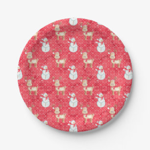 Christmas Reindeer And Snowman Pattern - Red Paper Plate
