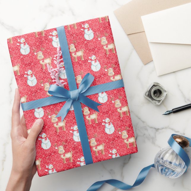 Christmas Reindeer and Snowmen Pattern - Red Wrapping Paper (Gifting)