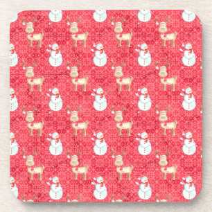 Christmas Reindeer and Snowmen - Red Coaster