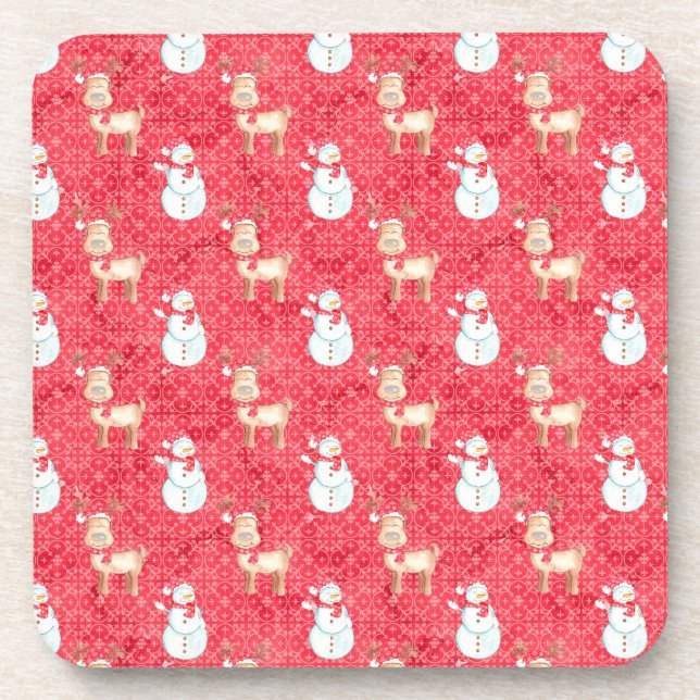 Christmas Reindeer and Snowmen - Red Coaster (Front)
